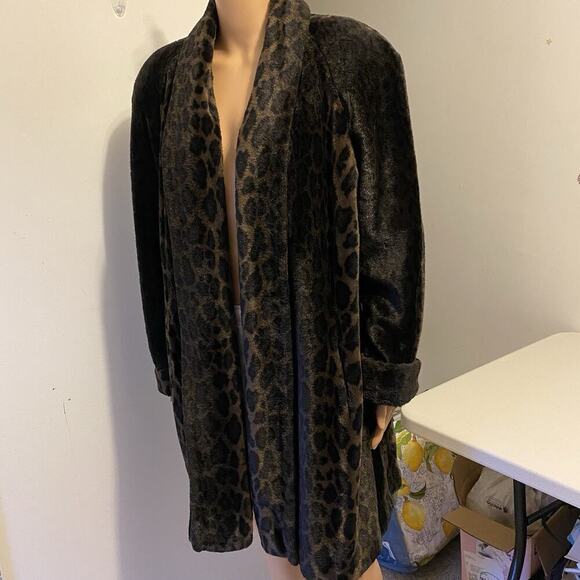 Vintage Lorovi 70s Leopard Print Faux Fur Lined Brown/Black Collared Overcoat S - Picture 7 of 11